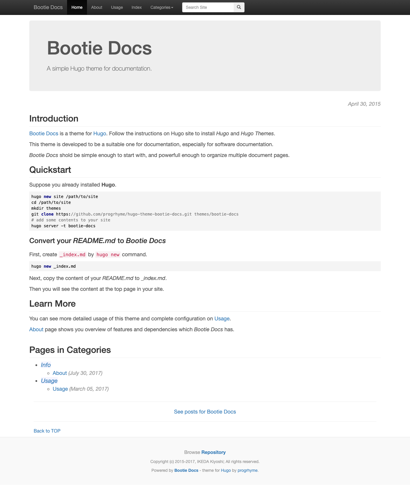 Screenshot of Hugo Theme Bootie Docs
