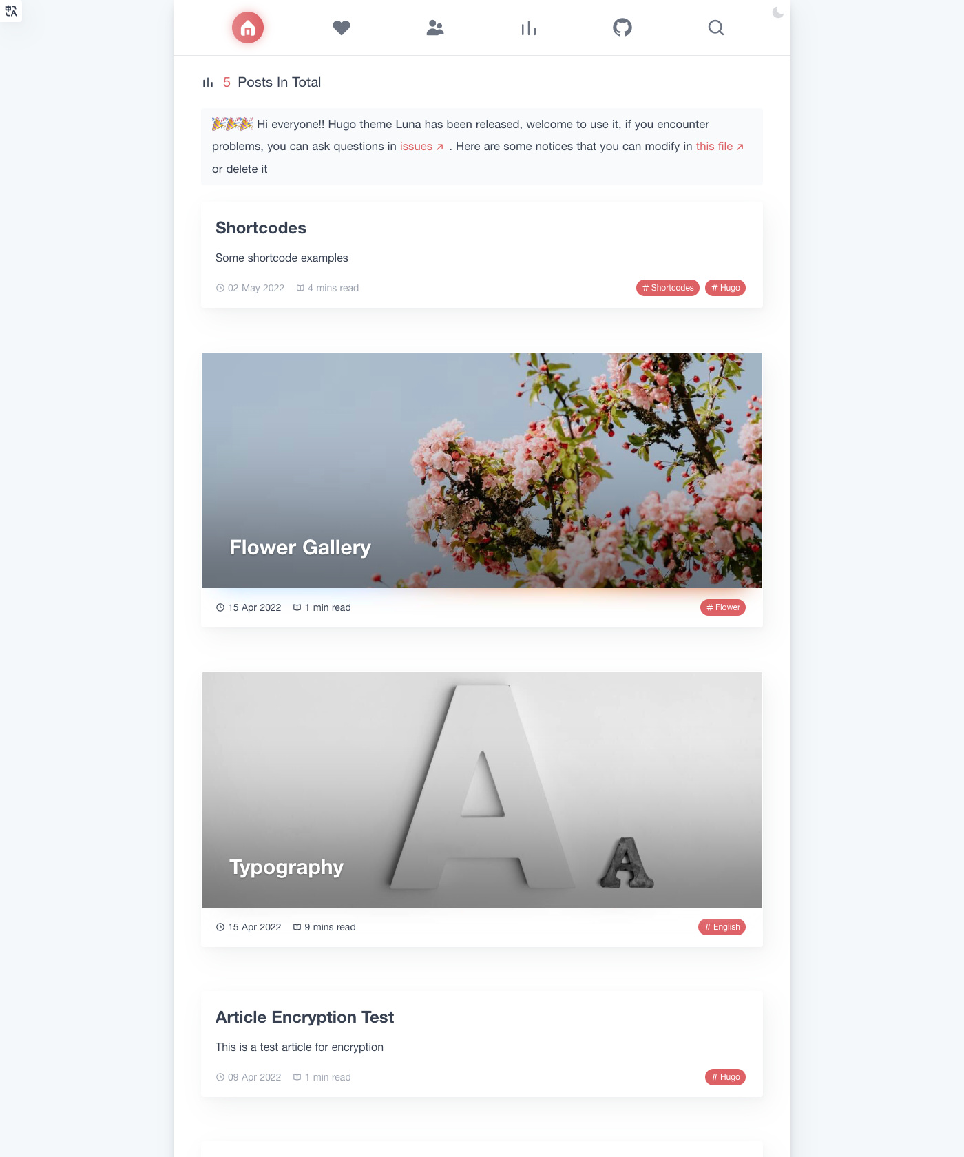Screenshot of Hugo Theme Luna