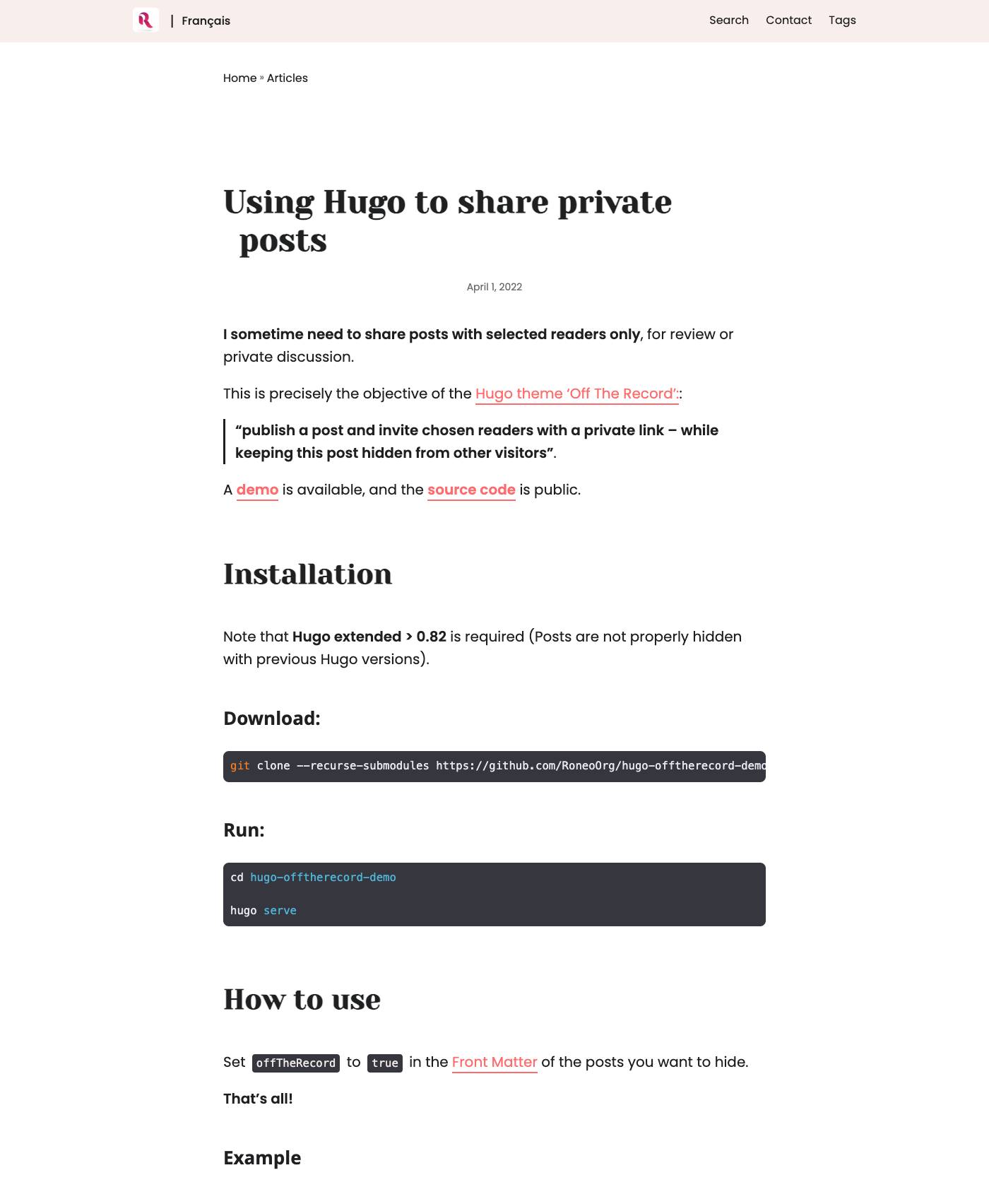 Screenshot of Hugo Offtherecord Demo