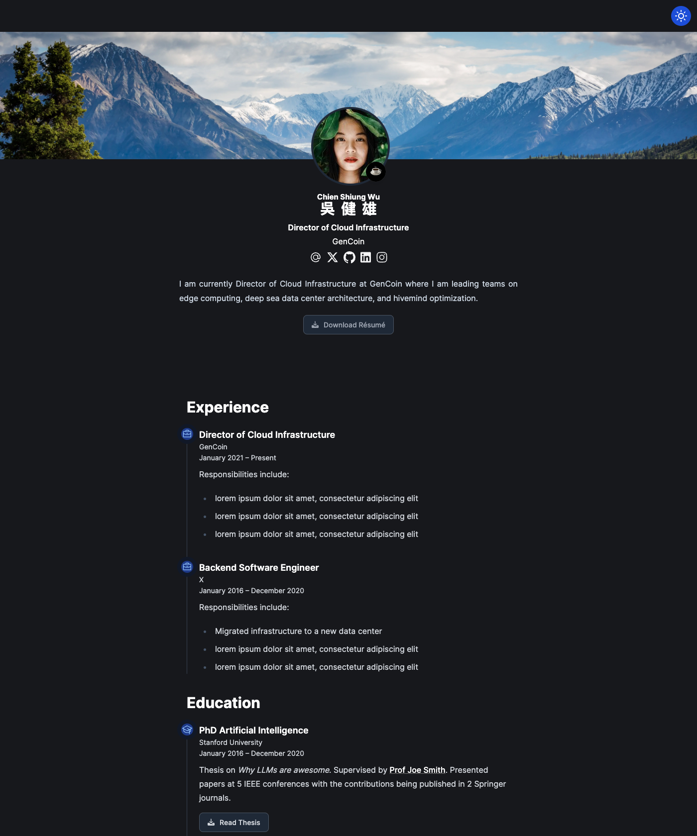Screenshot of Theme Resume