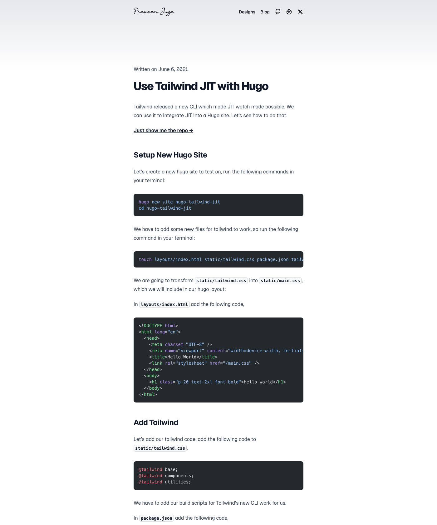 Screenshot of Hugo Tailwind Jit